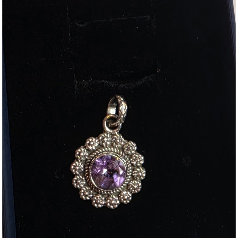 Sterling Silver 925 Natural Amethyst Round Filigree Floral Pendant Charm